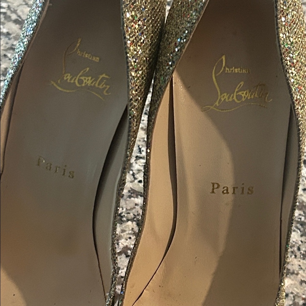 Christian Louboutin Glittering Gold Peep-Toe Heels - Picture 2 of 7
